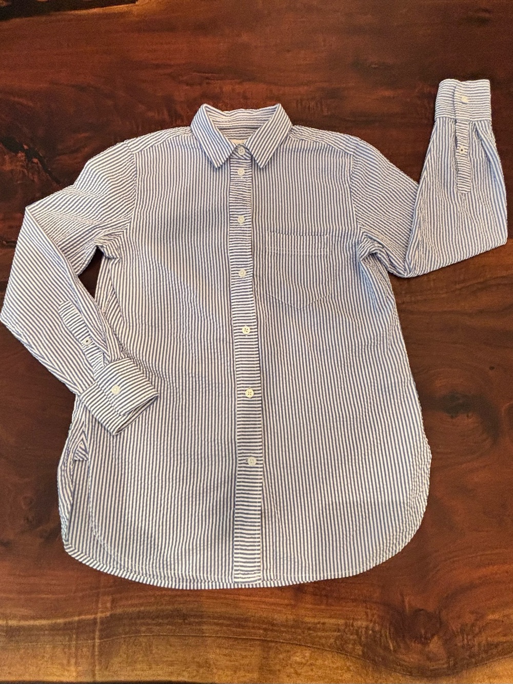 J. Crew Searsucker Blue and White Striped Cotton Button-Down Shirt
